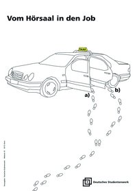 Ein schlichtes, schwarz-weißes, graphisches Plakat. Oben eine schwarze Aufschrift: "Vom Hörsaal in den Job". Unten ein Taxi, zu dem eine Schuhabdruckspur führt: in der ersten Variante führt sie zum Fahrerplatz, in der zweiten - zu dem Passagierplatz hinten.