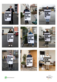 37. Plakatwettbewerb "Ich engagiere mich!"; DIN A1 Plakat; sechs Farbfotos mit jeweils einer Person, die ein Plakat (schwarz-weiß) mit dem Text: "Engagement hat drei Buchstaben: tun"