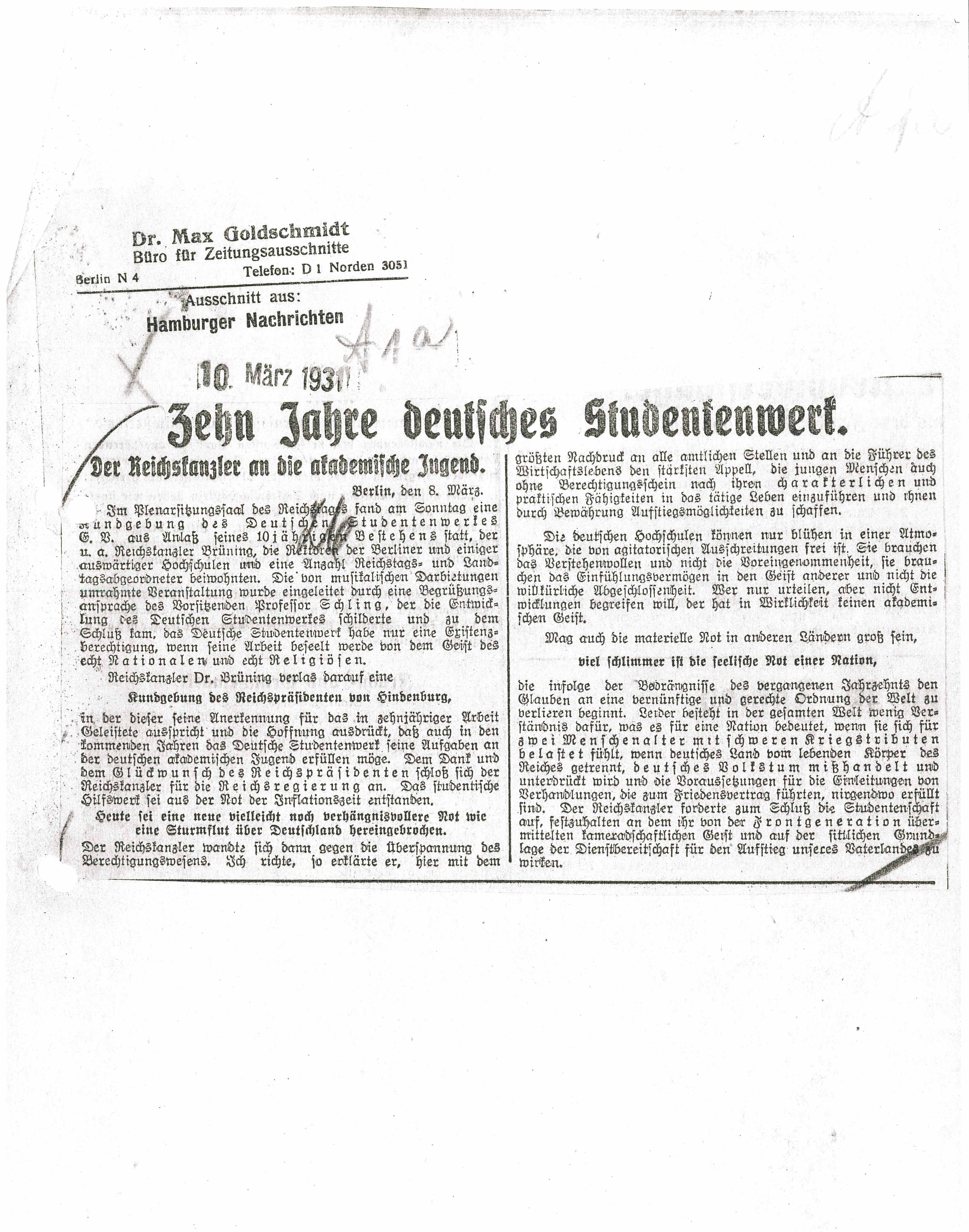 Zeitungsausschnitt aus Hamburger Nachrichten