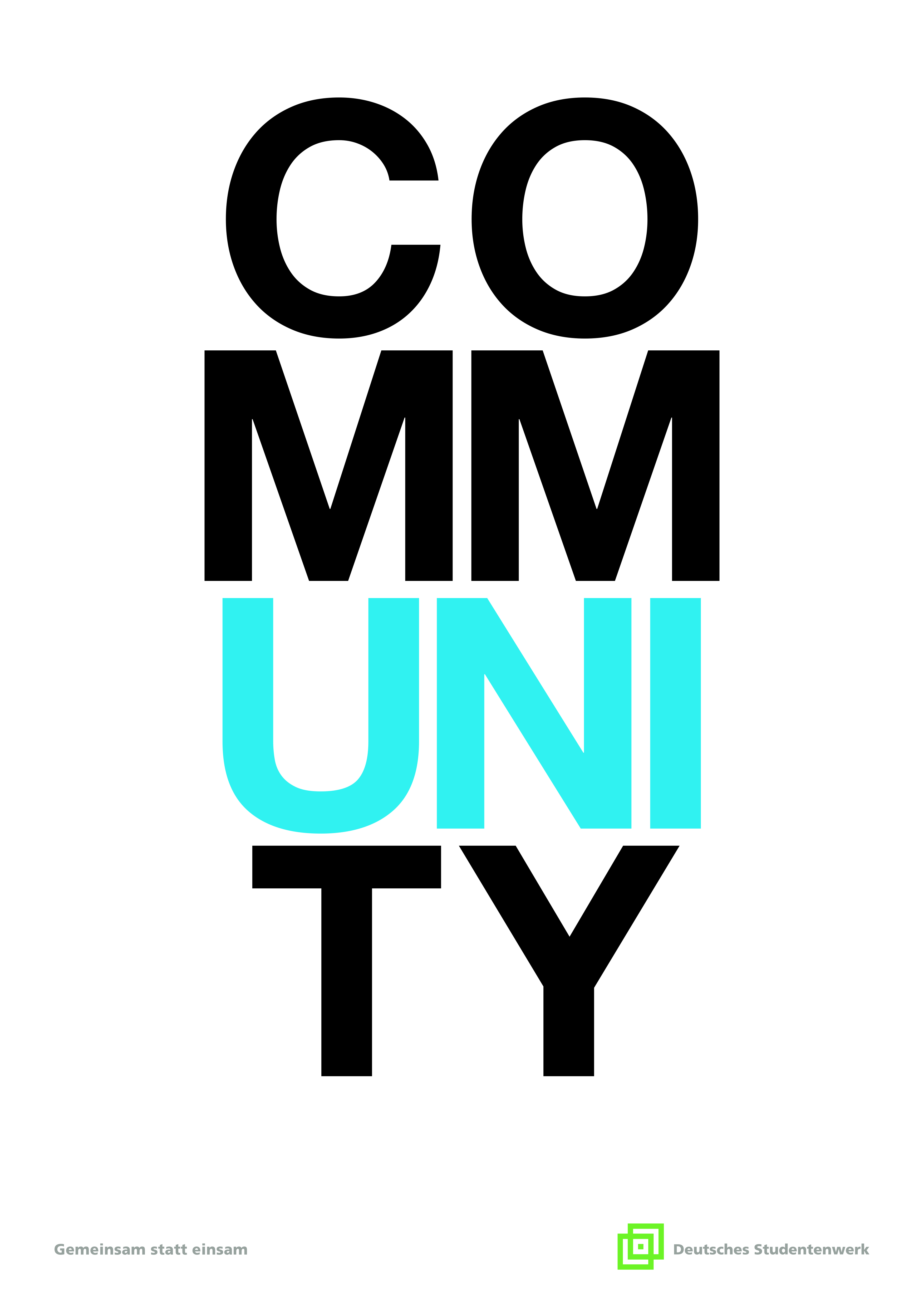 Plakatentwurf: Das Wort COMMUNITY so gesetzt, dass die Buchstaben zwei Figuren ergeben; Die Silbe UNI ist farblich hervorgehoben