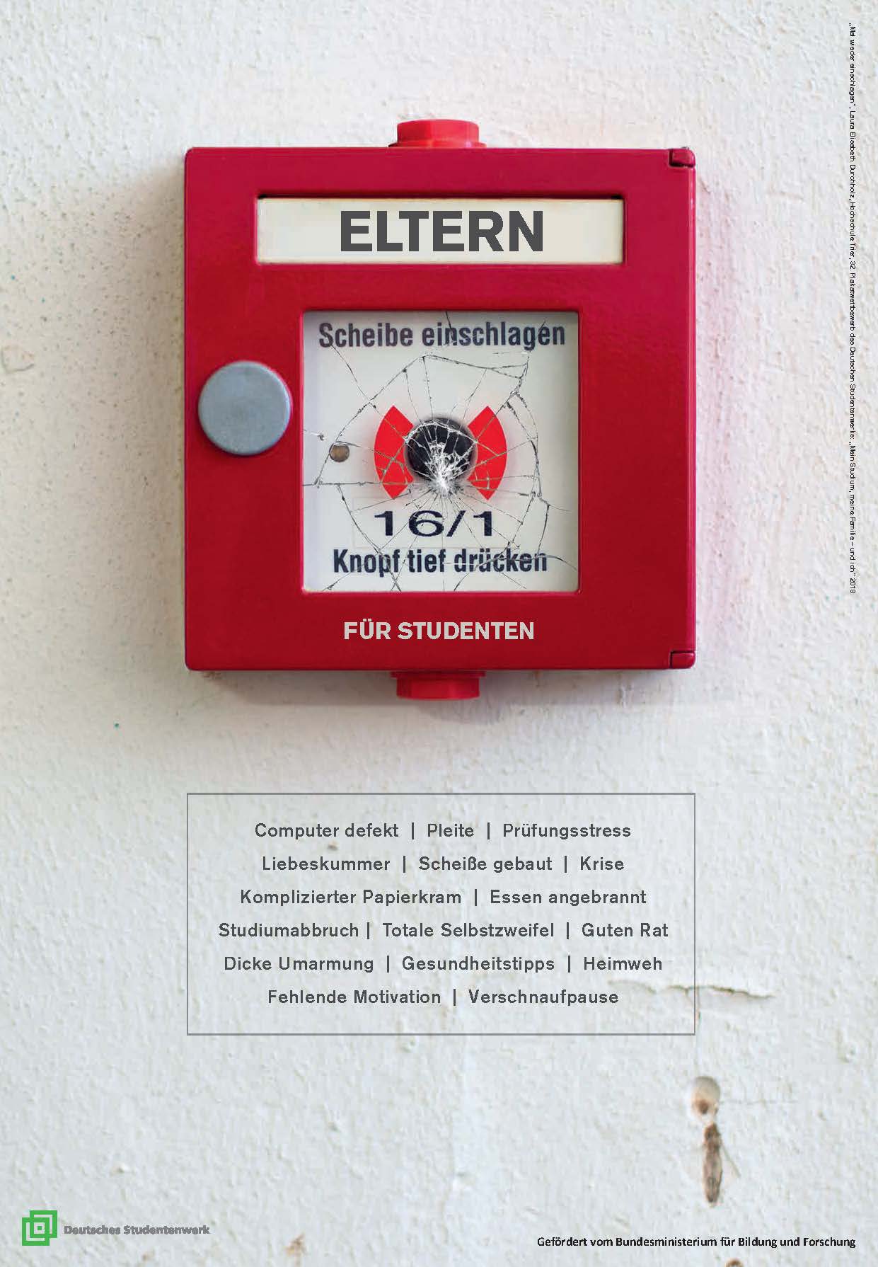 roter Wandfeuermelder mit Glasscheibe zum Einschlagen, darüber steht "Eltern"