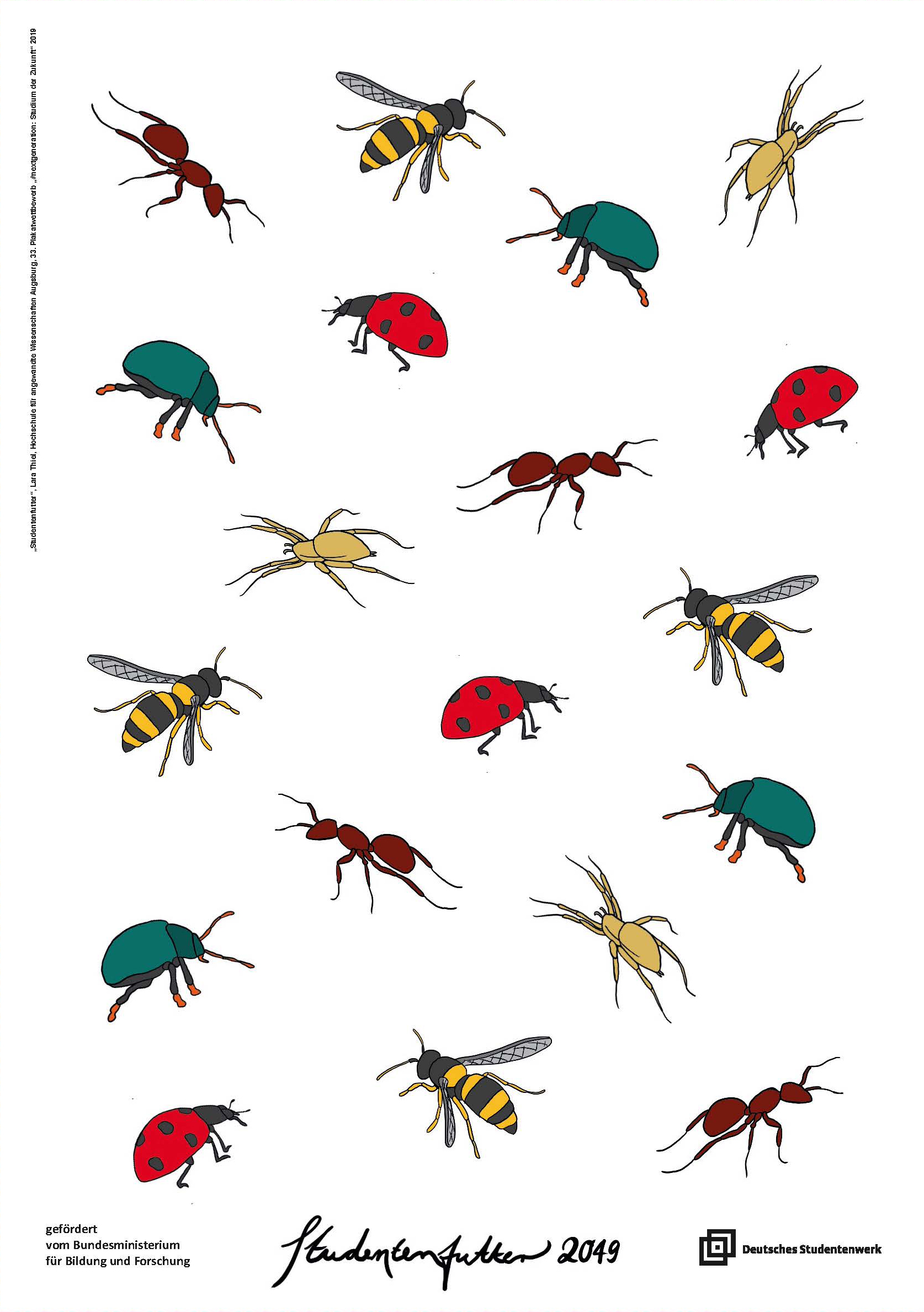 gezeichnet: 19 bunte Insekten (Marienkäfer, Ameise, Spinne, Wespe u.a.) kreuz und quer auf weißem Untergrund, Schriftzug: "Studentenfutter 2049"