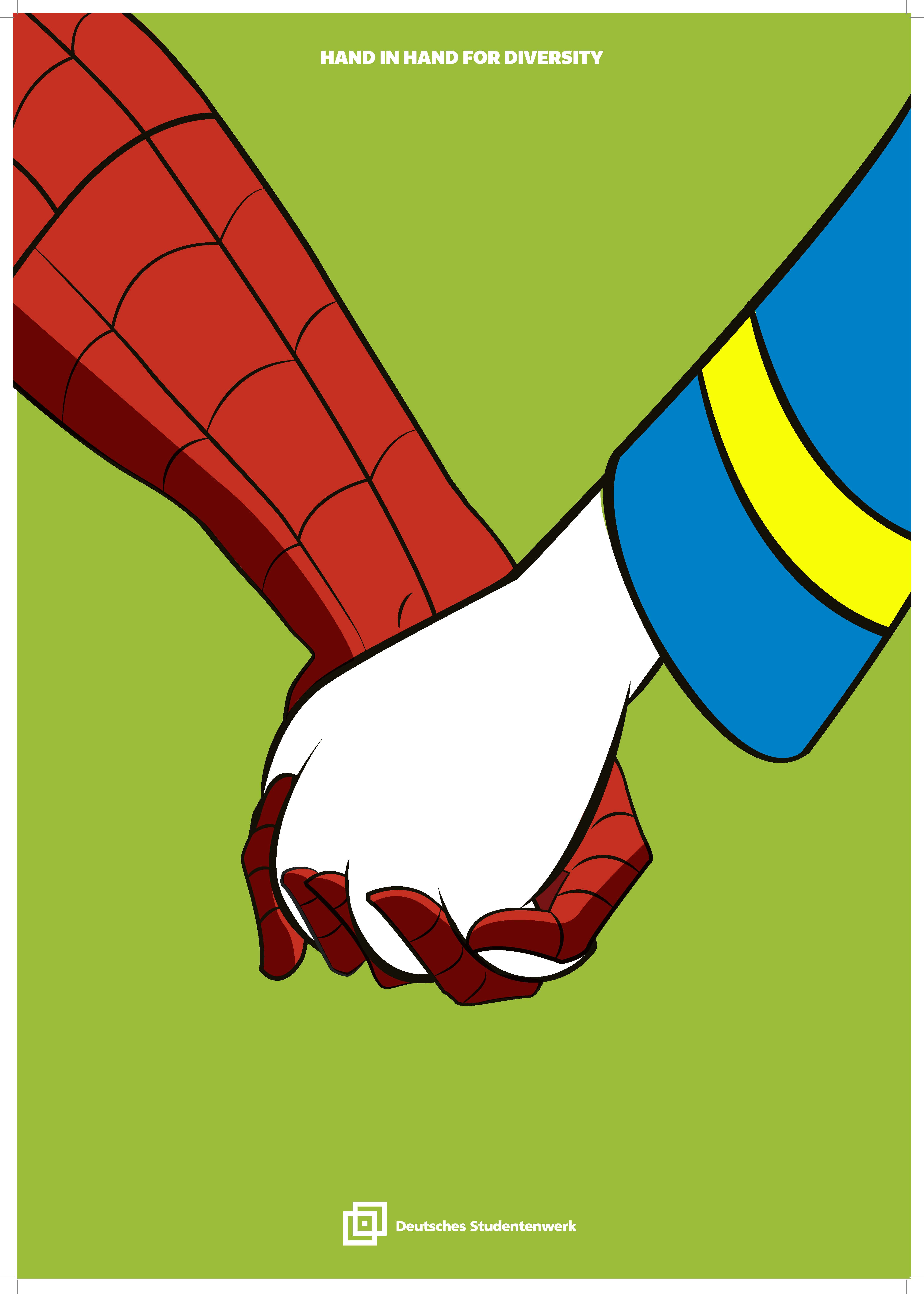 Zwei Hände sind zu sehen: Spiderman und Donald Duck halten sich an der Hand
